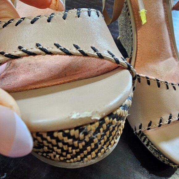 Tan Woven Wedge Heels With Ankle Tie Strap & Black Stitch Detail Womens Size 8.5 - Picture 11 of 15